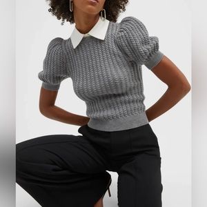 NWT Alice + Olivia Chase Collared CableKnit Puff Sleeve Pullover Sweater S